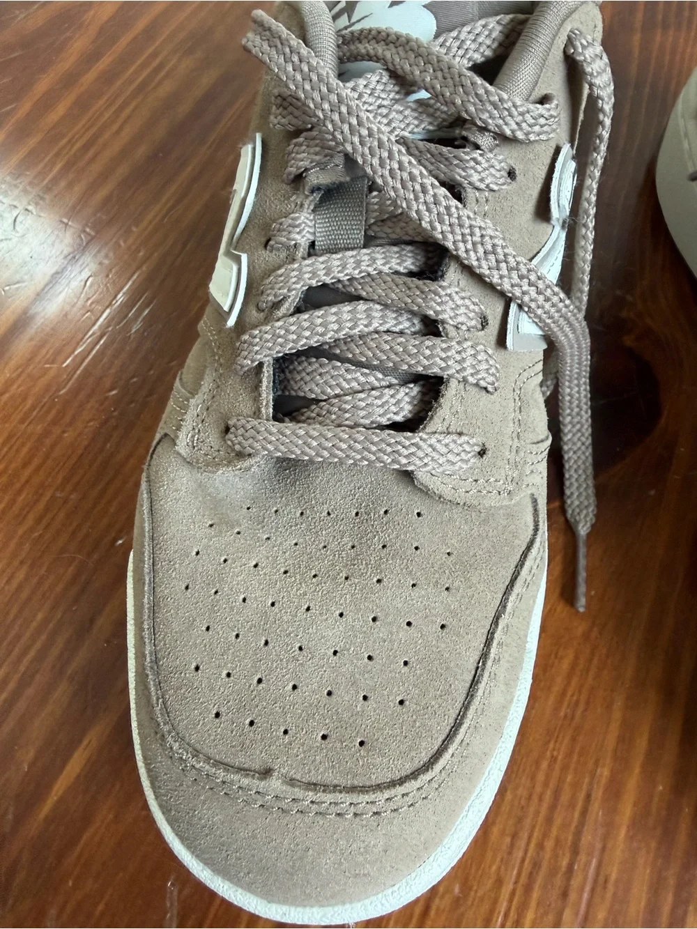 New Balance Taupe Suede Low-Top Sneakers with White N Logo
